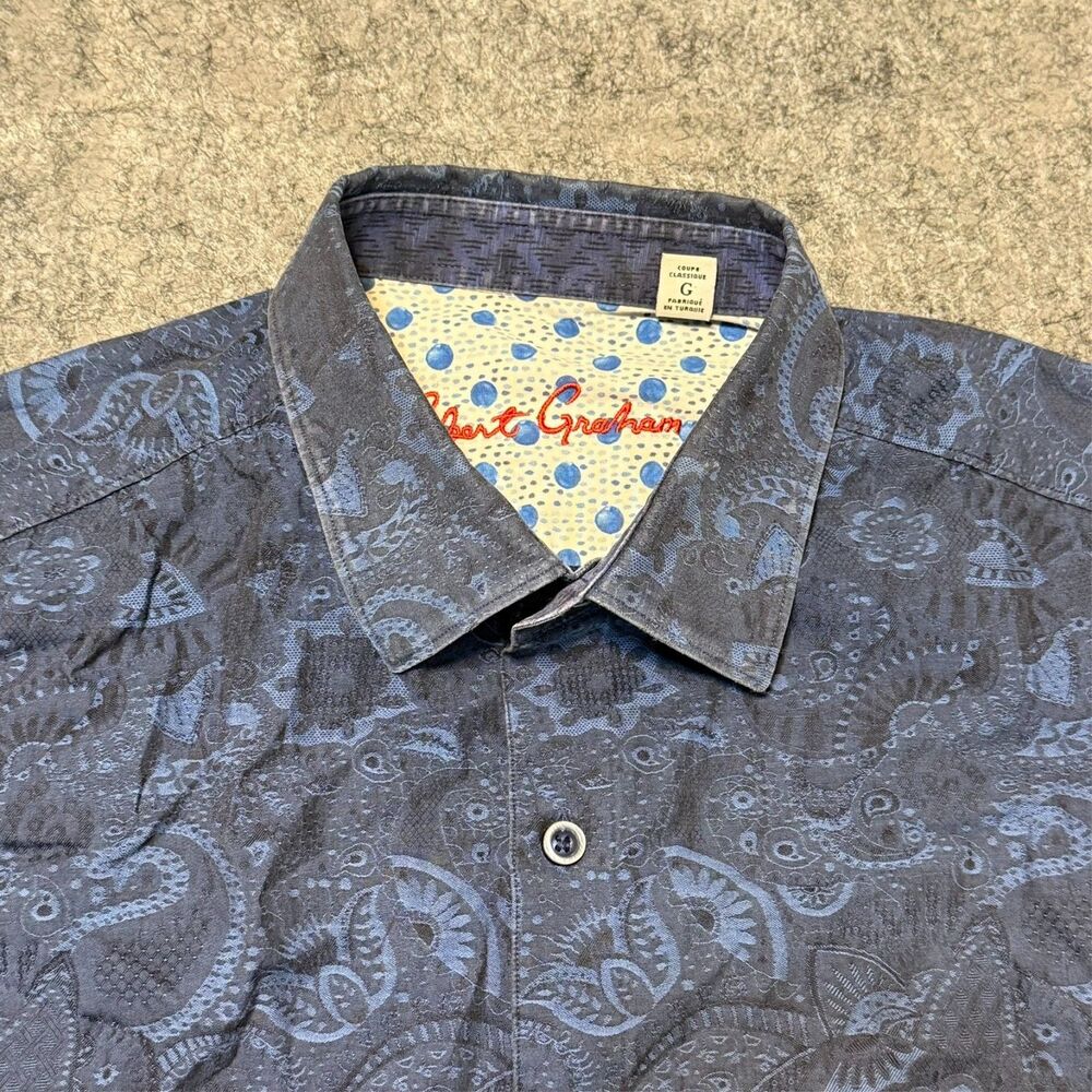 Robert Graham Shirt Mens Large L Blue Paisley Classic Fit Chambray Button Up
